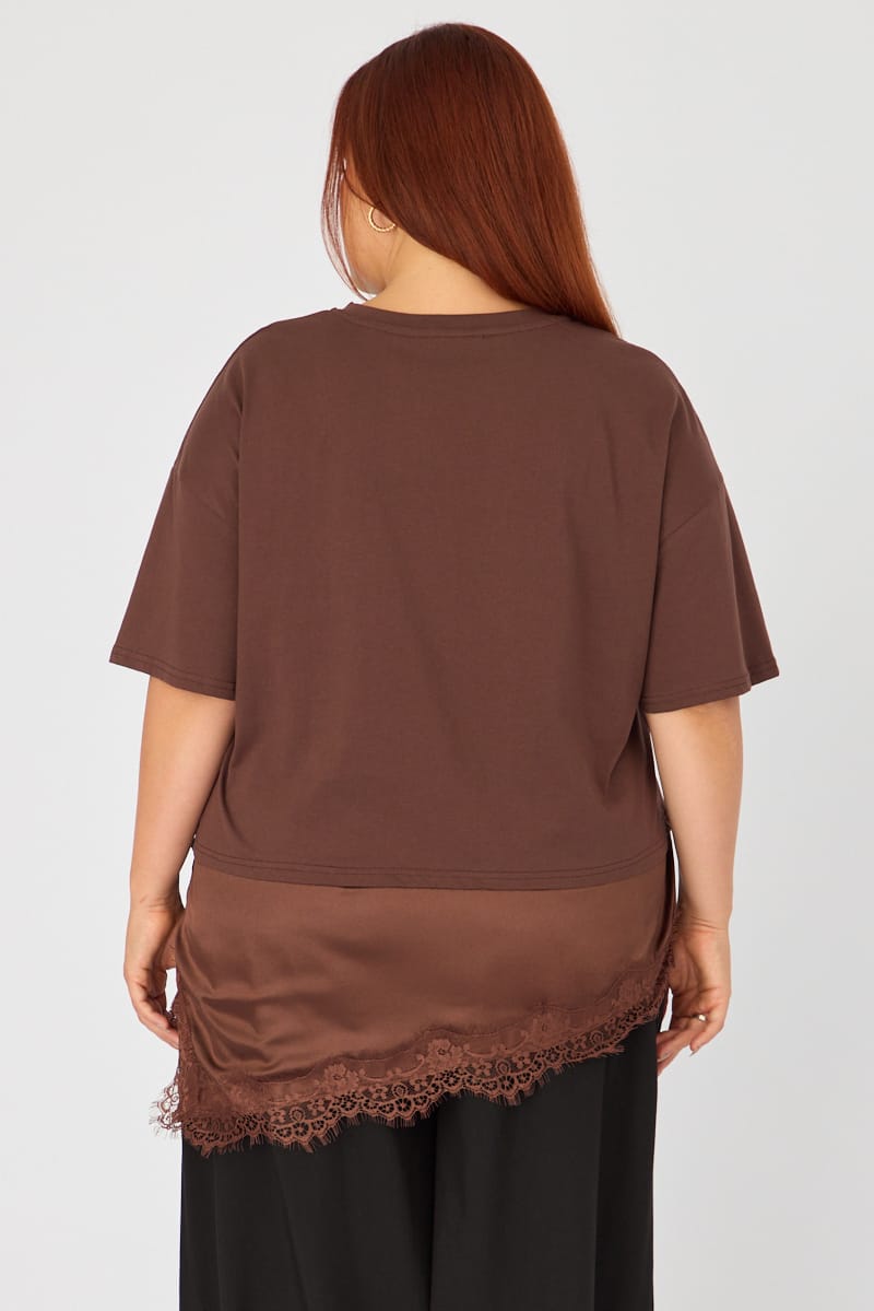Brown T-shirt Short Sleeve Lace Trim for YouandAll Fashion
