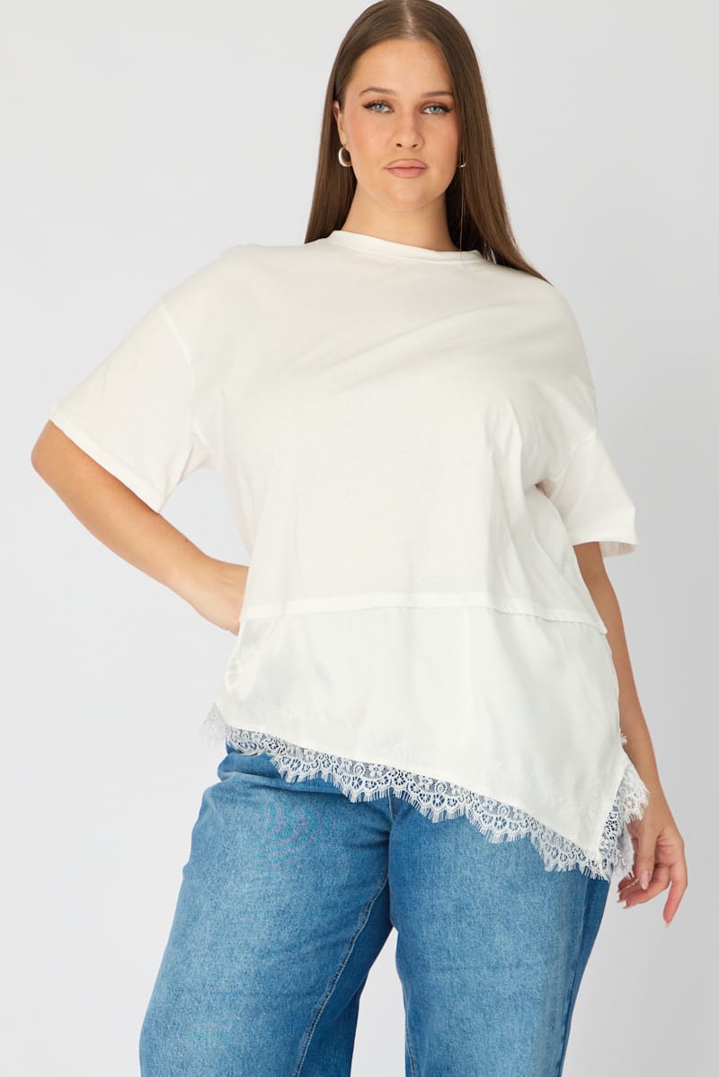 White T-shirt Short Sleeve Lace Trim for YouandAll Fashion