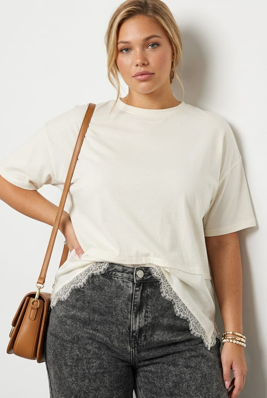 White T-shirt Short Sleeve Lace Trim for YouandAll Fashion