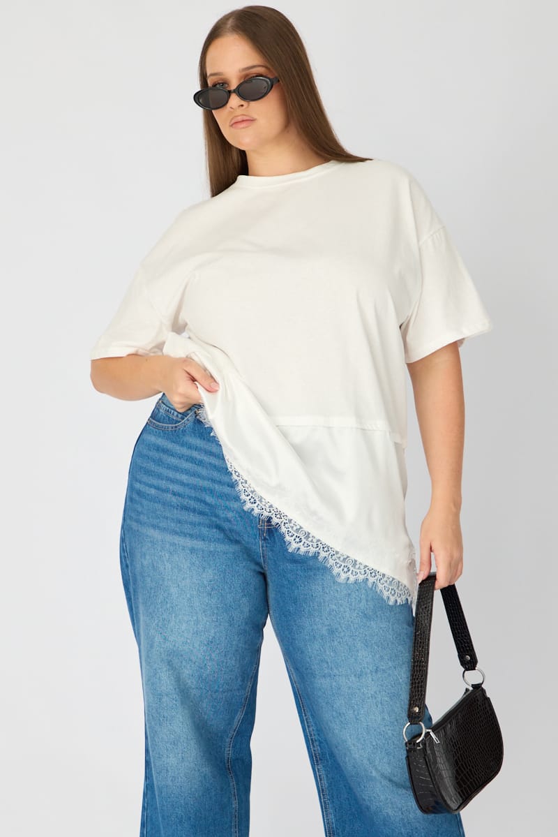 White T-shirt Short Sleeve Lace Trim for YouandAll Fashion