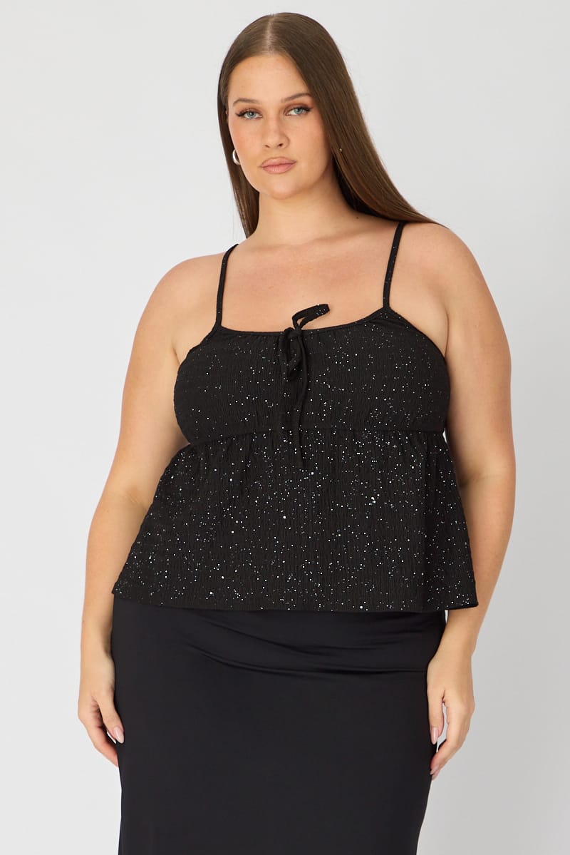 Black Babydoll Cami Top Textured Shimmer for YouandAll Fashion