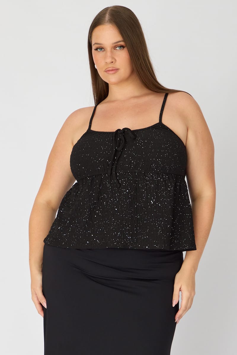 Black Babydoll Cami Top Textured Shimmer for YouandAll Fashion