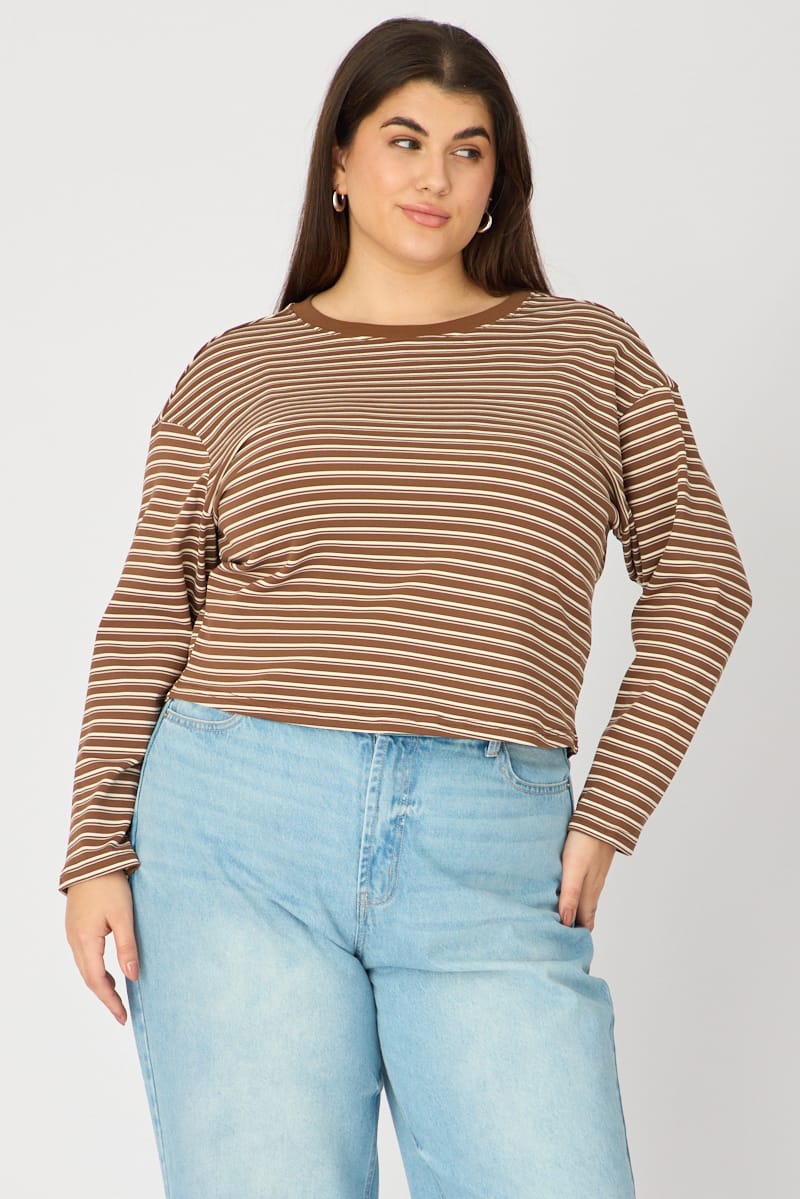 Brown Stripe T-shirt Long Sleeve for YouandAll Fashion