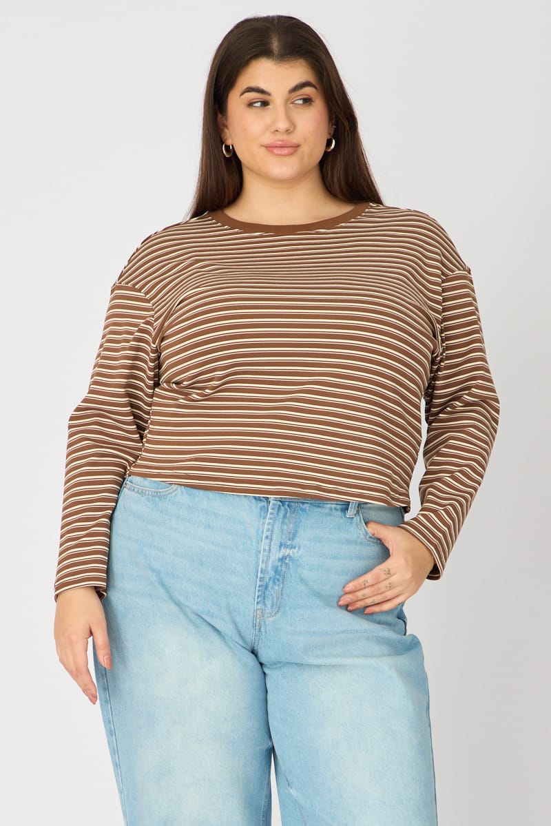 Brown Stripe T-shirt Long Sleeve for YouandAll Fashion