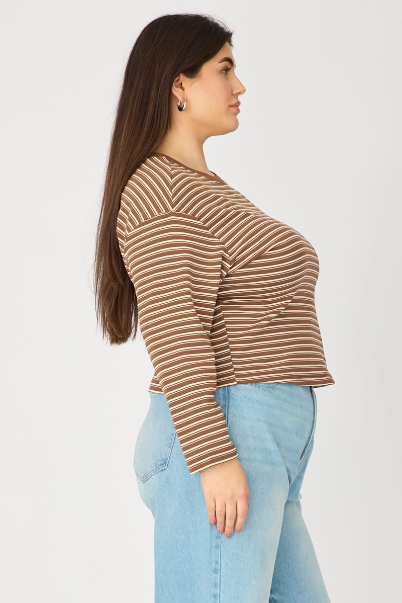 Brown Stripe T-shirt Long Sleeve for YouandAll Fashion