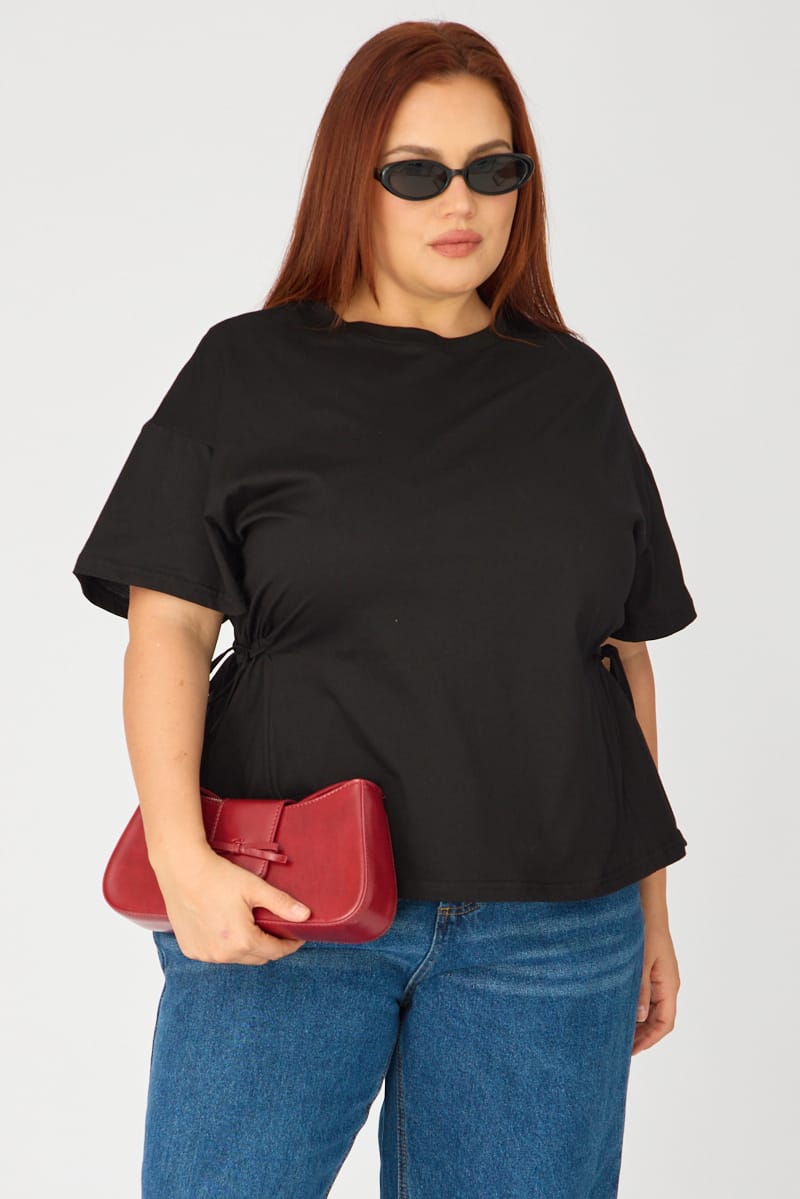 Black T-shirt Short Sleeve Side Tie for YouandAll Fashion