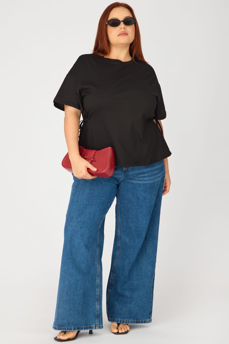 Black T-shirt Short Sleeve Side Tie for YouandAll Fashion