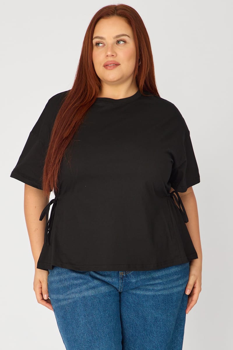 Black T-shirt Short Sleeve Side Tie for YouandAll Fashion