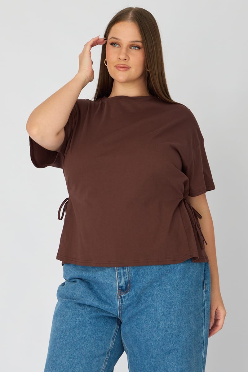Brown T-shirt Short Sleeve Side Tie for YouandAll Fashion