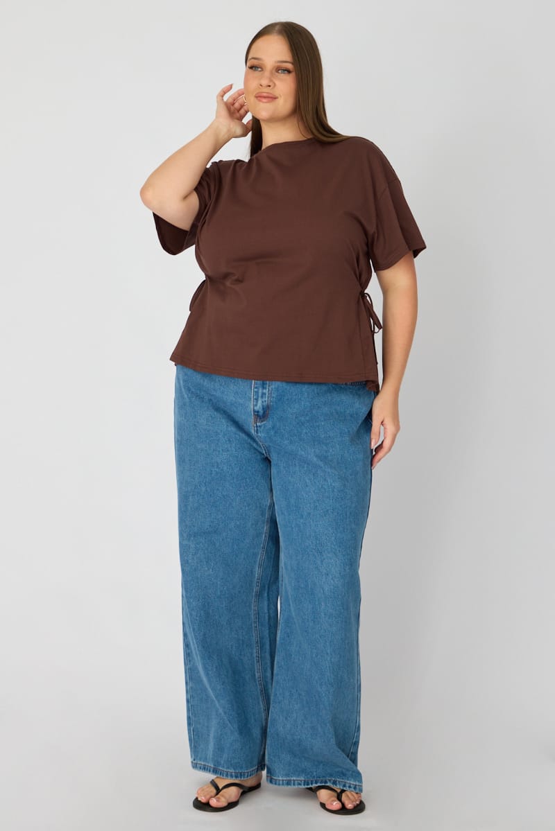 Brown T-shirt Short Sleeve Side Tie for YouandAll Fashion