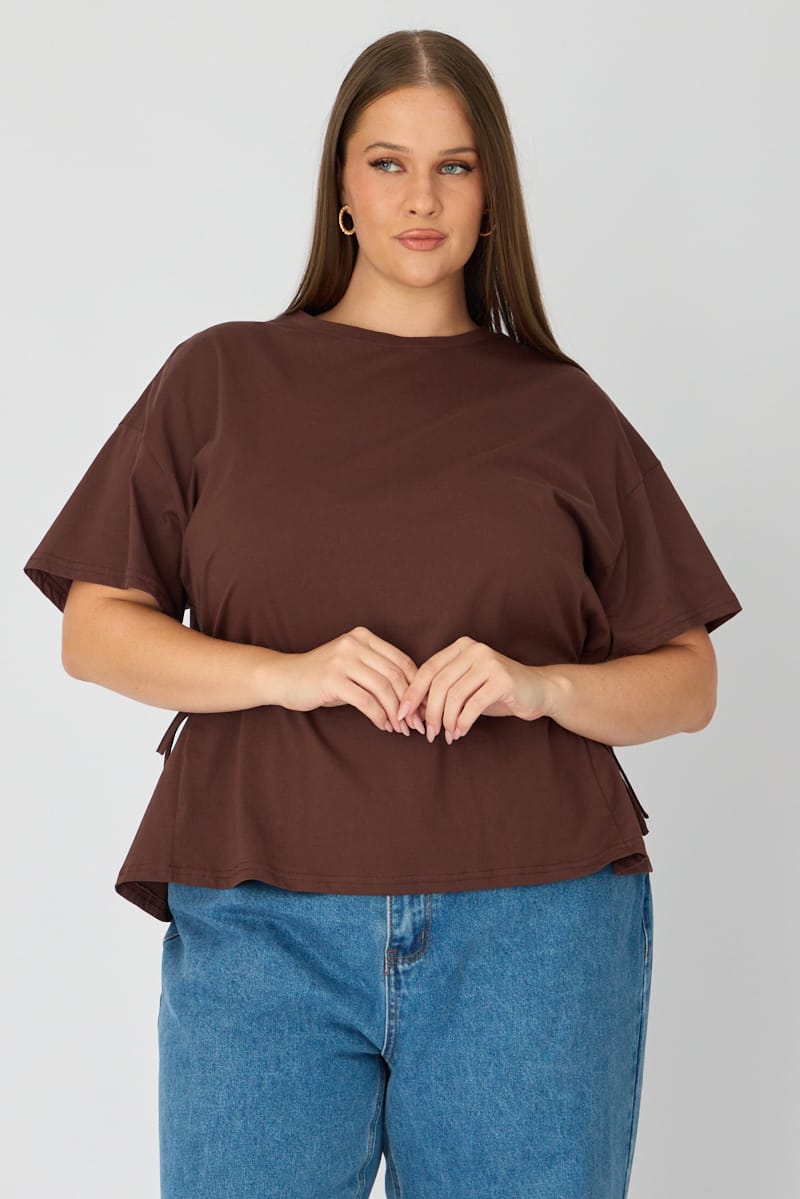 Brown T-shirt Short Sleeve Side Tie for YouandAll Fashion