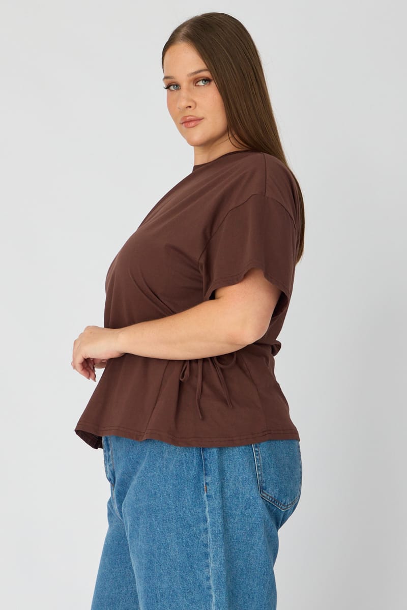 Brown T-shirt Short Sleeve Side Tie for YouandAll Fashion