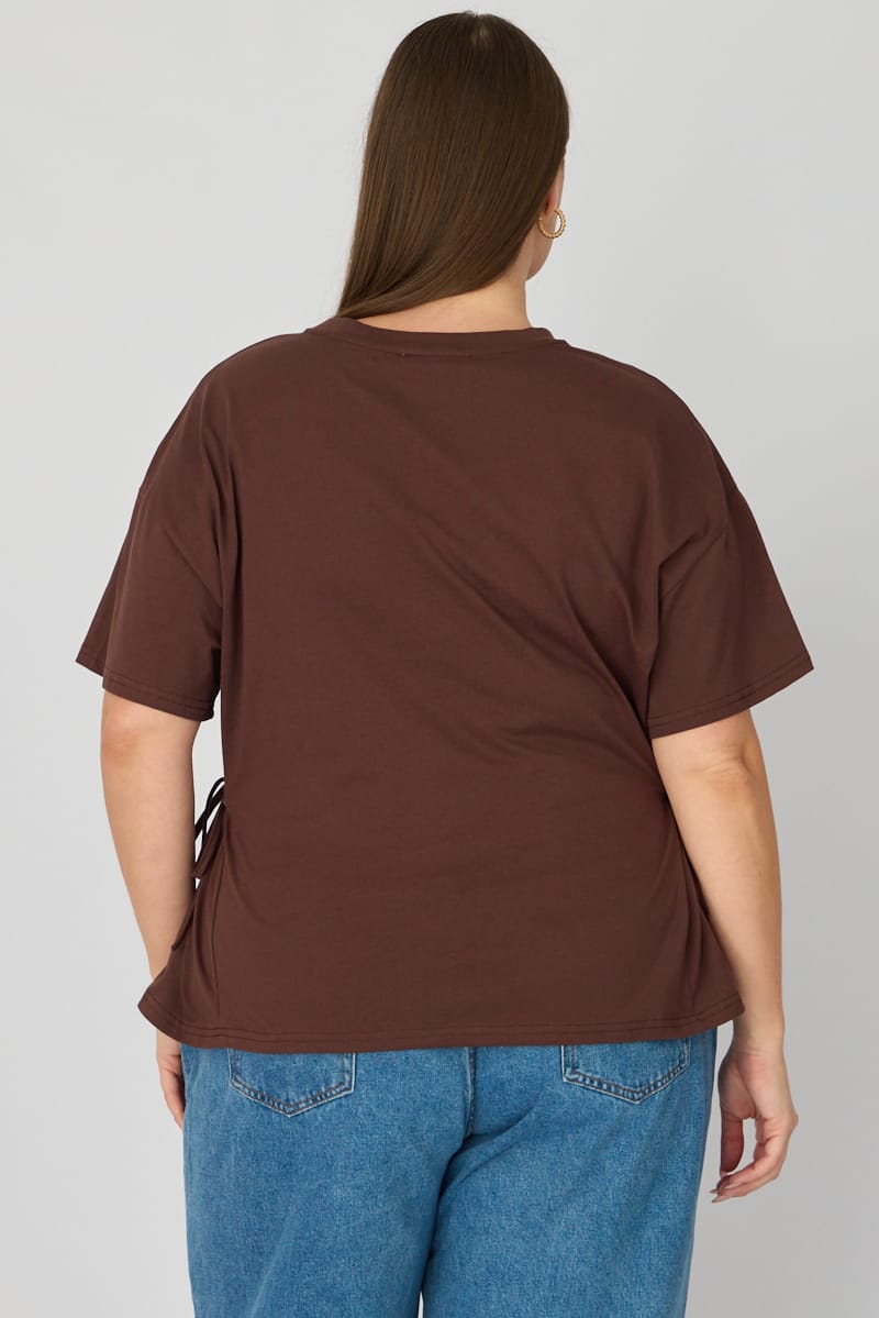 Brown T-shirt Short Sleeve Side Tie for YouandAll Fashion