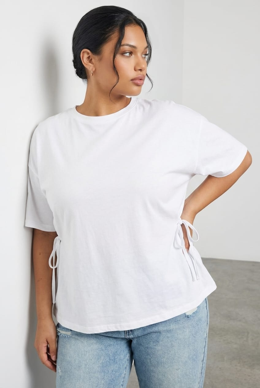 White T-shirt Short Sleeve Side Tie for YouandAll Fashion