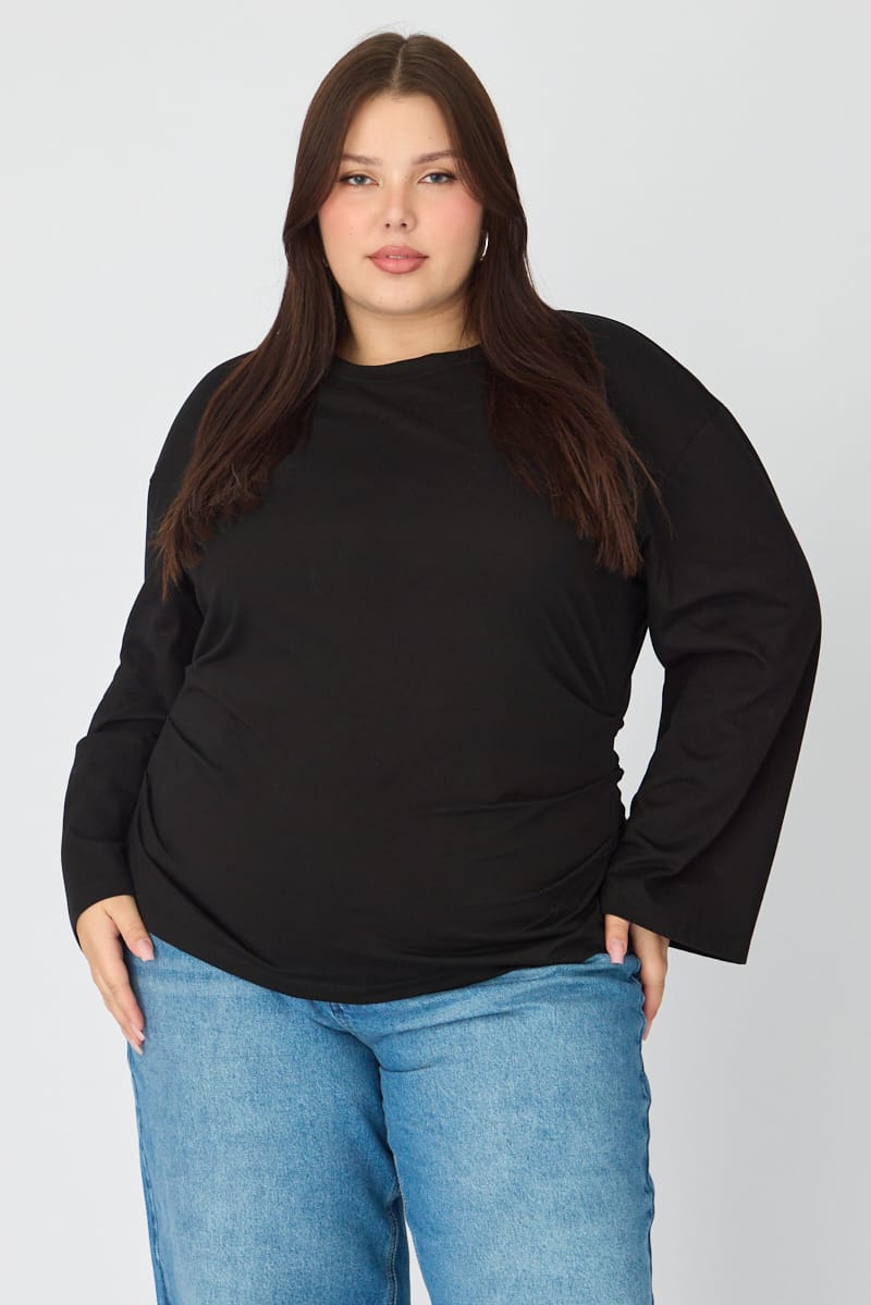 Black Bat Wing Top Long Sleeve Cinched Waist for YouandAll Fashion