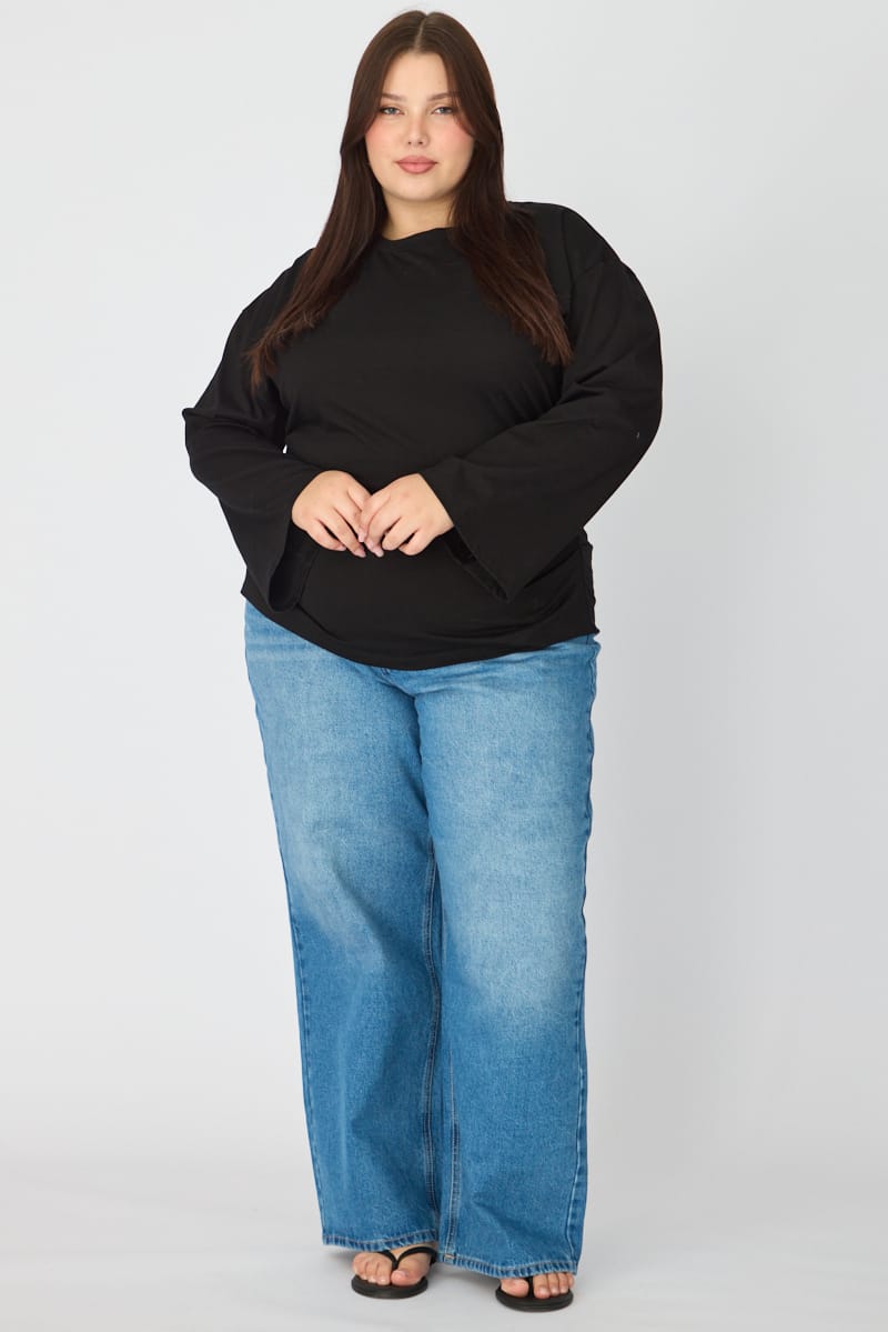 Black Bat Wing Top Long Sleeve Cinched Waist for YouandAll Fashion