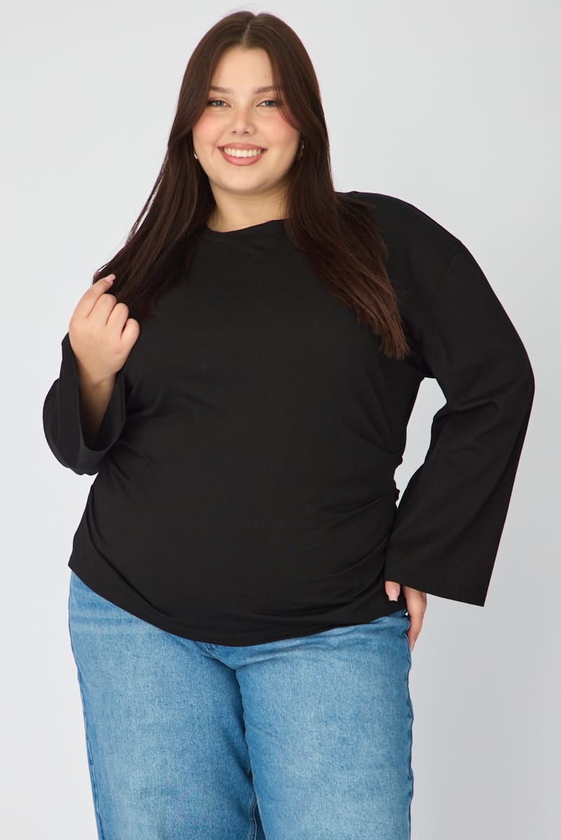 Black Bat Wing Top Long Sleeve Cinched Waist for YouandAll Fashion