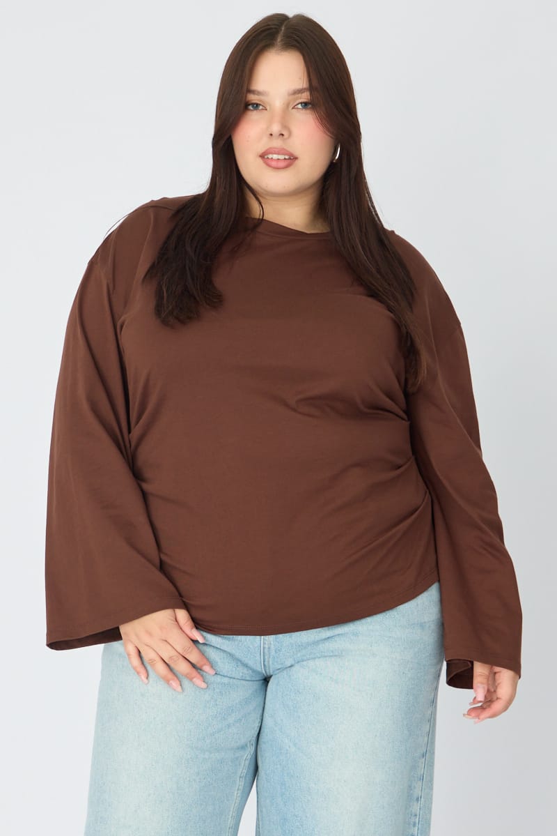 Brown Bat Wing Top Long Sleeve Cinched Waist for YouandAll Fashion