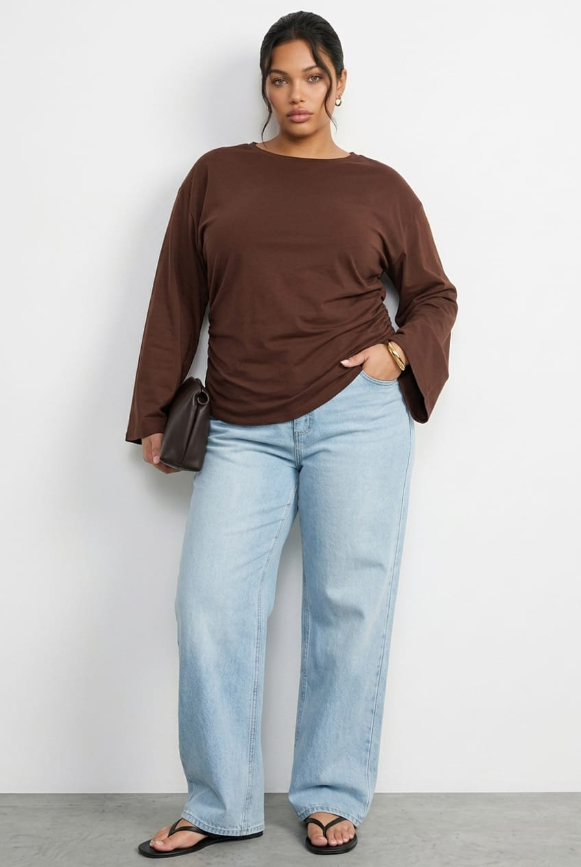 Brown Bat Wing Top Long Sleeve Cinched Waist for YouandAll Fashion
