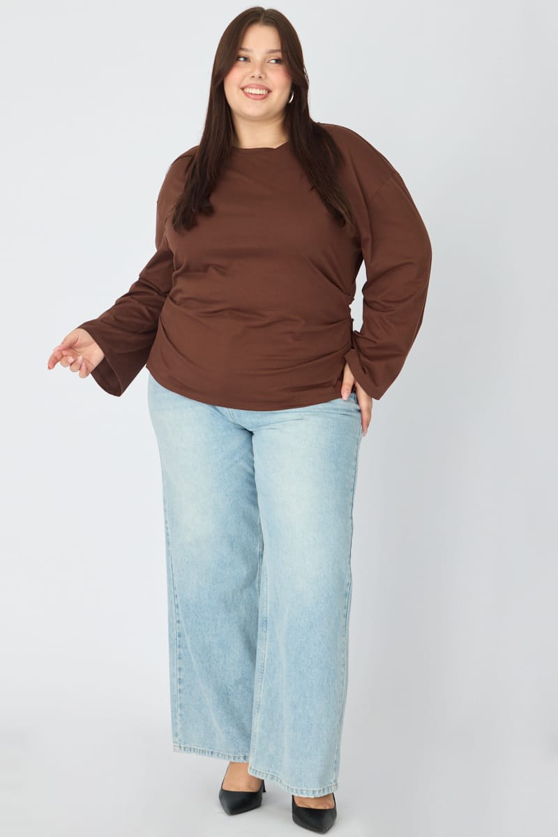 Brown Bat Wing Top Long Sleeve Cinched Waist for YouandAll Fashion
