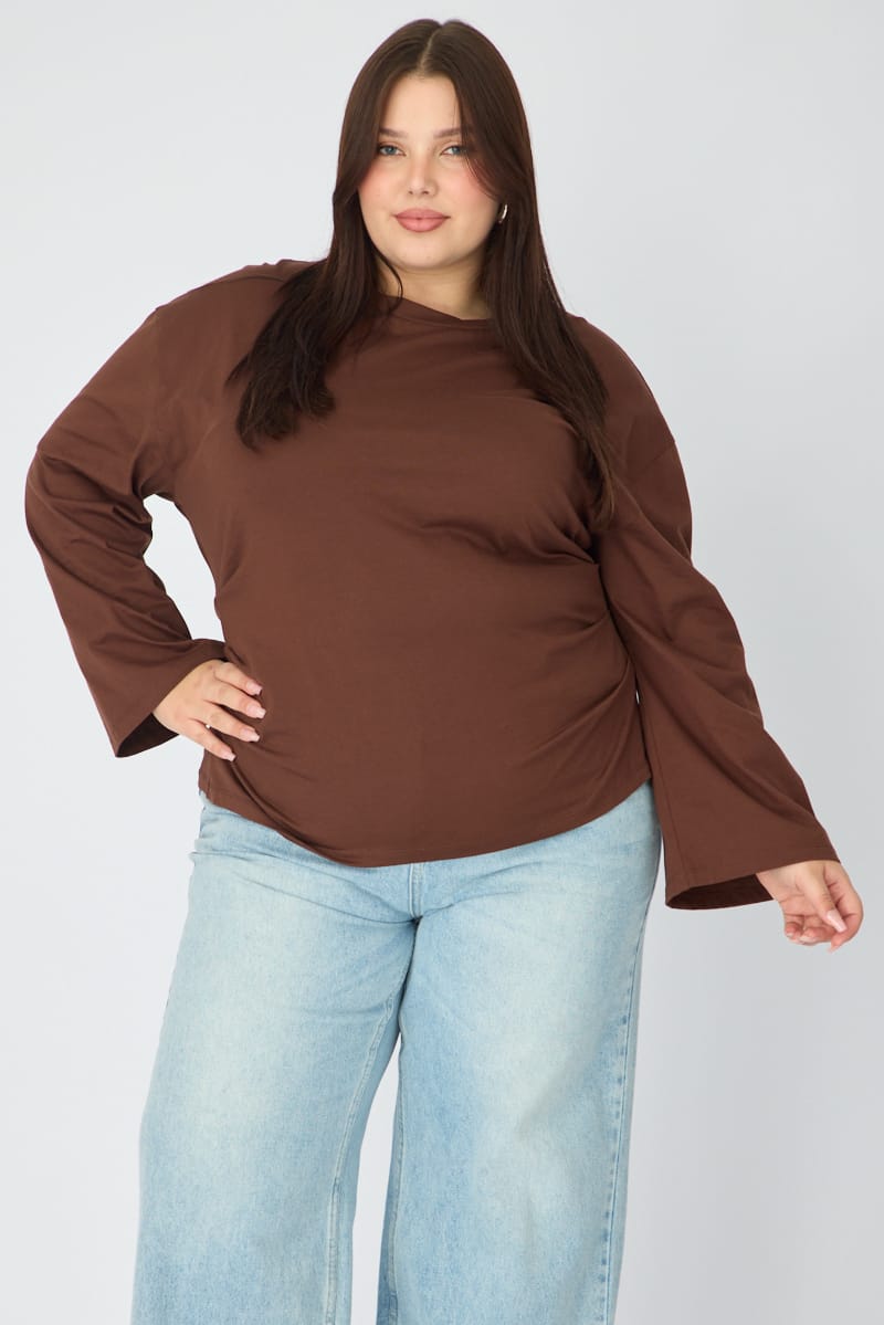 Brown Bat Wing Top Long Sleeve Cinched Waist for YouandAll Fashion