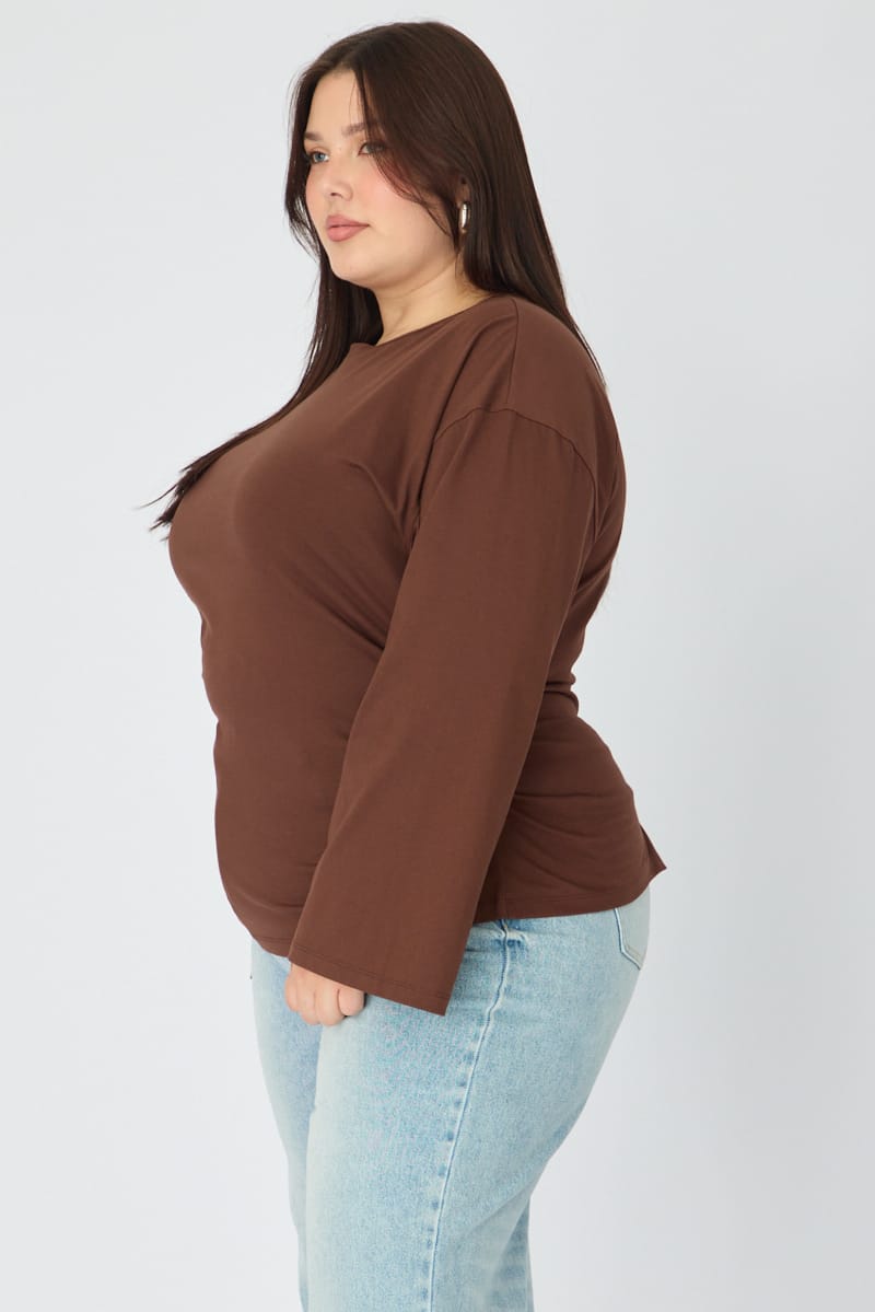 Brown Bat Wing Top Long Sleeve Cinched Waist for YouandAll Fashion
