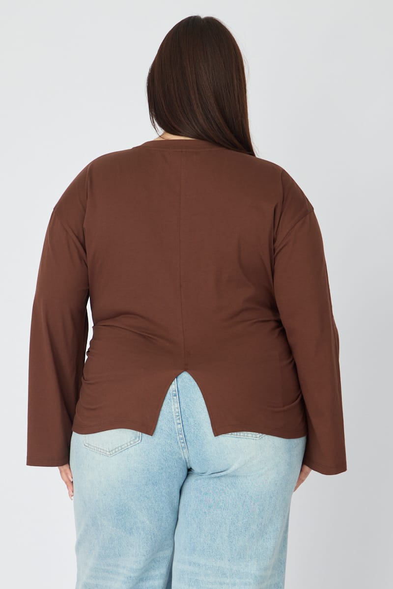 Brown Bat Wing Top Long Sleeve Cinched Waist for YouandAll Fashion