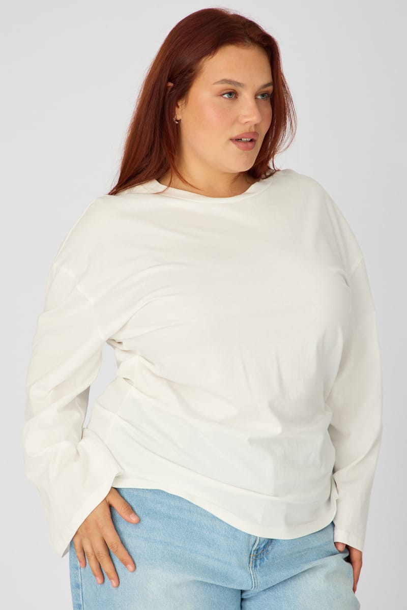 White Bat Wing Top Long Sleeve Cinched Waist for YouandAll Fashion