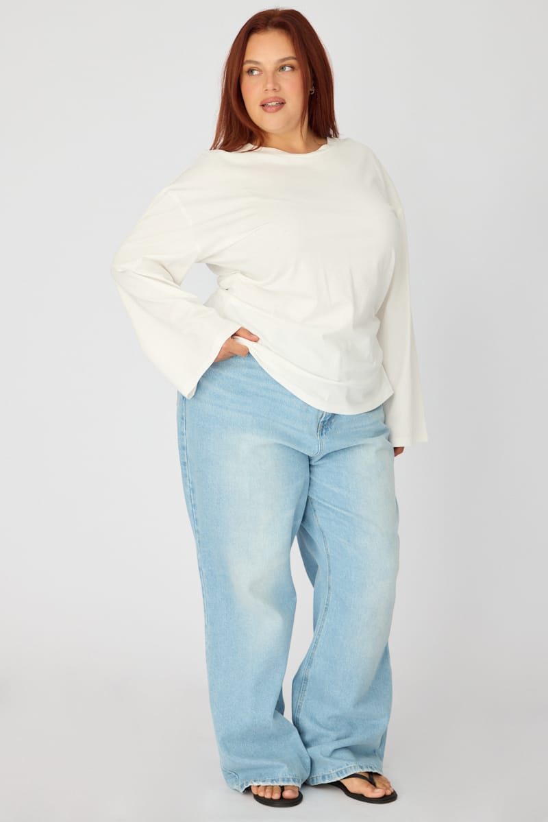 White Bat Wing Top Long Sleeve Cinched Waist for YouandAll Fashion
