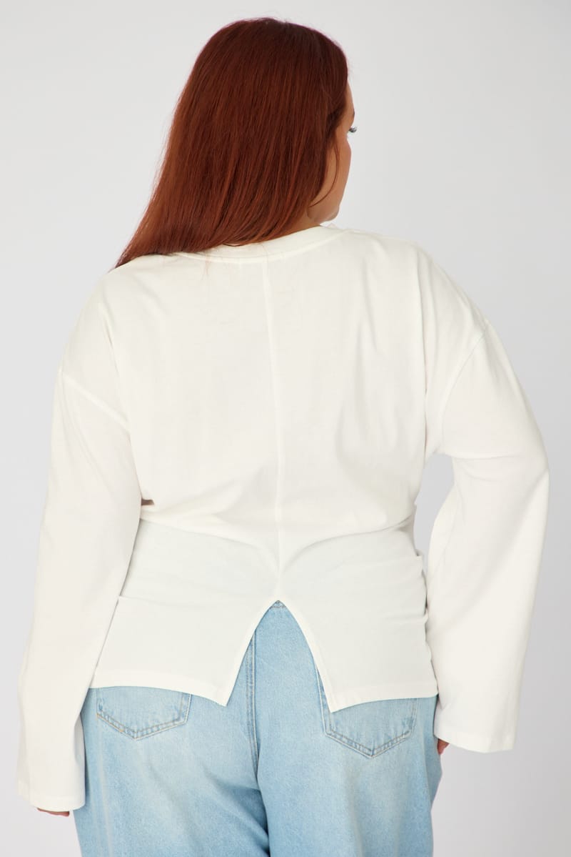 White Bat Wing Top Long Sleeve Cinched Waist for YouandAll Fashion