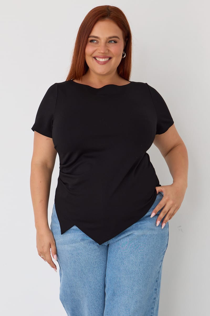 Black Asymmetric Hem Short Sleeve T-shirt for YouandAll Fashion
