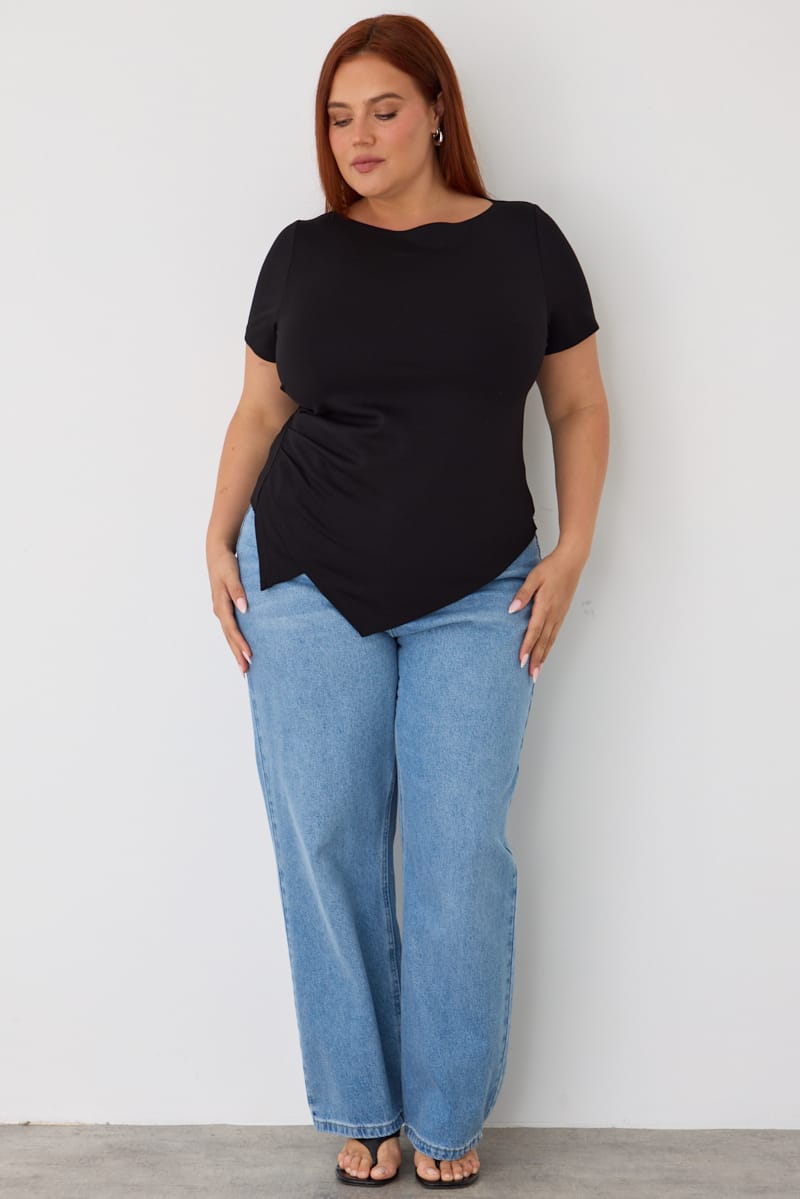 Black Asymmetric Hem Short Sleeve T-shirt for YouandAll Fashion