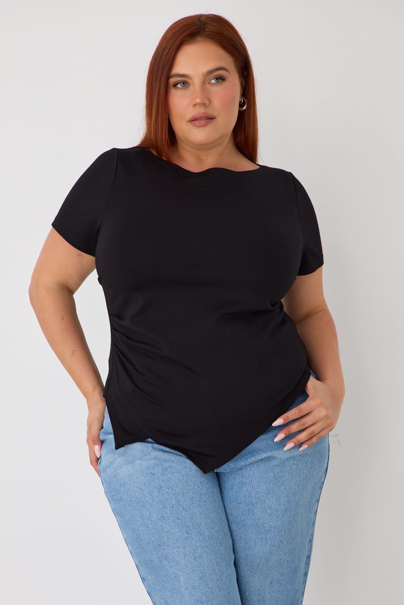 Black Asymmetric Hem Short Sleeve T-shirt for YouandAll Fashion
