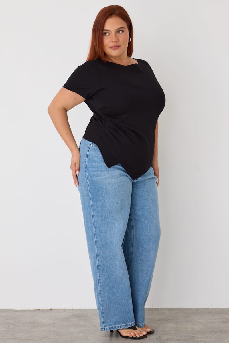 Black Asymmetric Hem Short Sleeve T-shirt for YouandAll Fashion