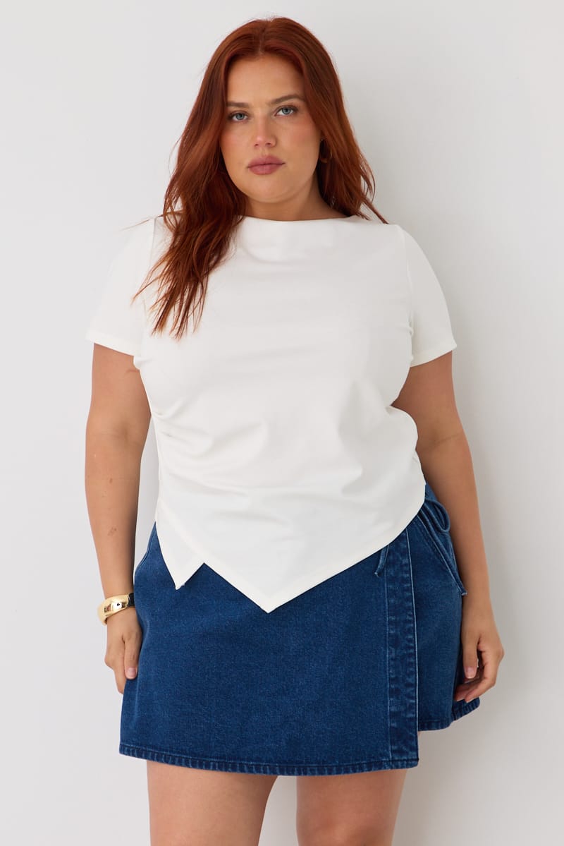 White Asymmetric Hem Short Sleeve T-shirt for YouandAll Fashion