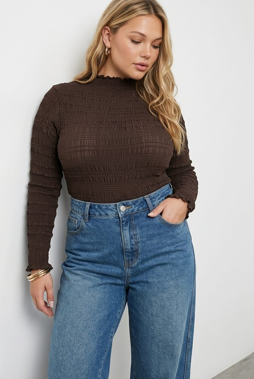 Brown Bodysuit Long Sleeve High Neck for YouandAll Fashion