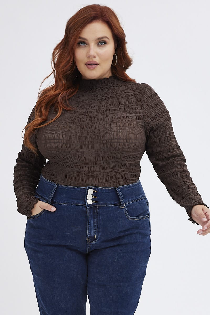 Brown Bodysuit Long Sleeve High Neck for YouandAll Fashion