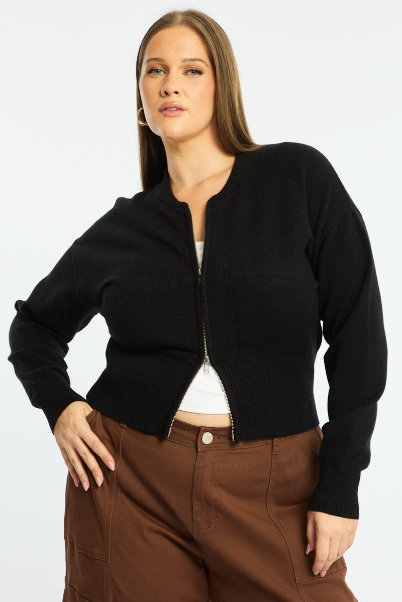 Black Zip Front Kint Jumper Long Sleeve for YouandAll Fashion