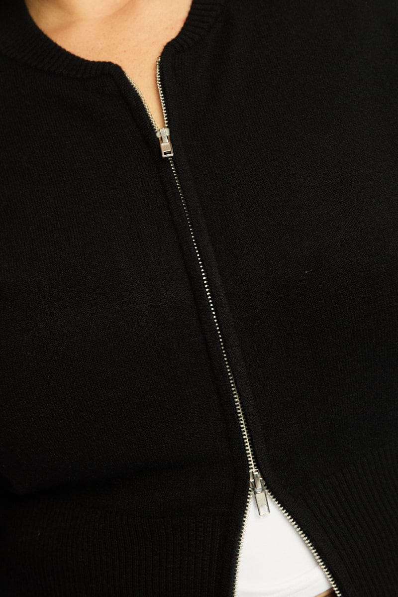 Black Zip Front Kint Jumper Long Sleeve for YouandAll Fashion