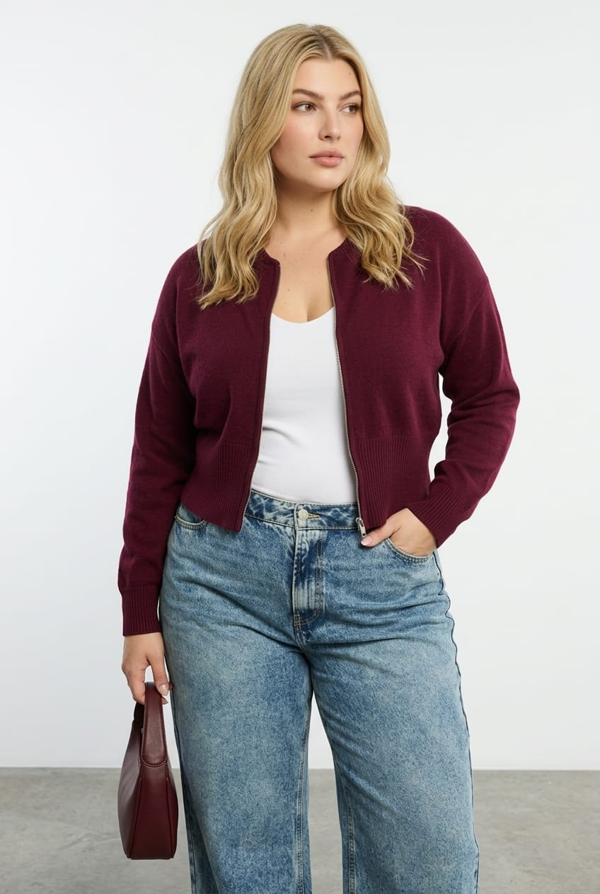 Red Zip Front Knit Jumper Long Sleeve for YouandAll Fashion