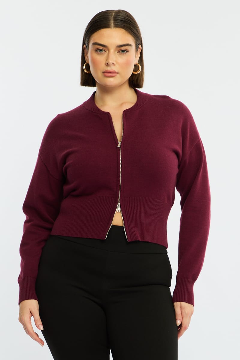 Red Zip Front Knit Jumper Long Sleeve for YouandAll Fashion