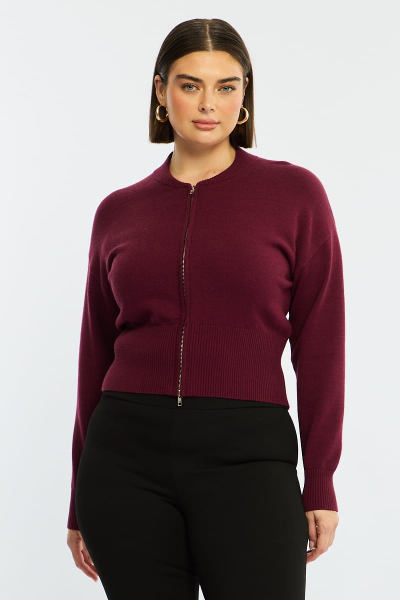 Red Zip Front Knit Jumper Long Sleeve for YouandAll Fashion
