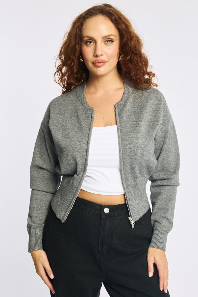 Grey Zip Front Kint Jumper Long Sleeve for YouandAll Fashion