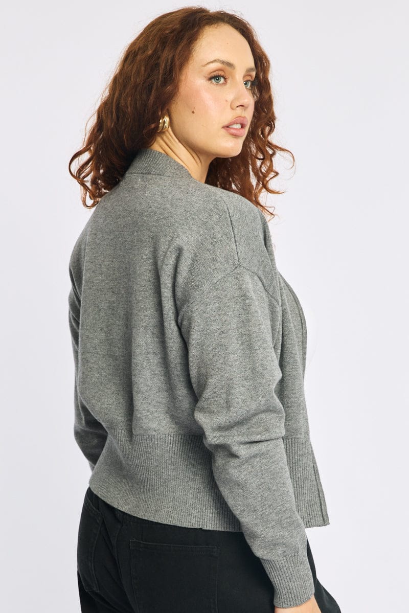 Grey Zip Front Kint Jumper Long Sleeve for YouandAll Fashion