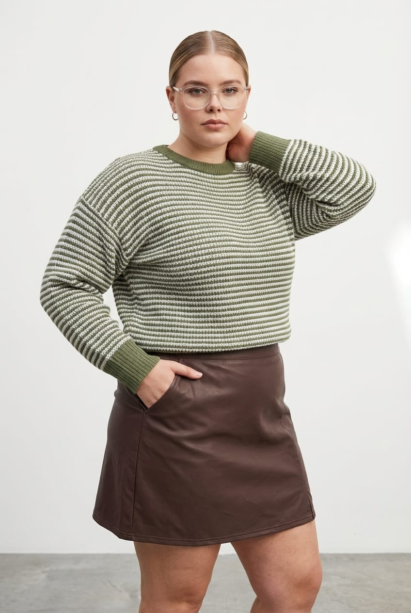 Green Stripe Stripe Knit Top Long Sleeve for YouandAll Fashion