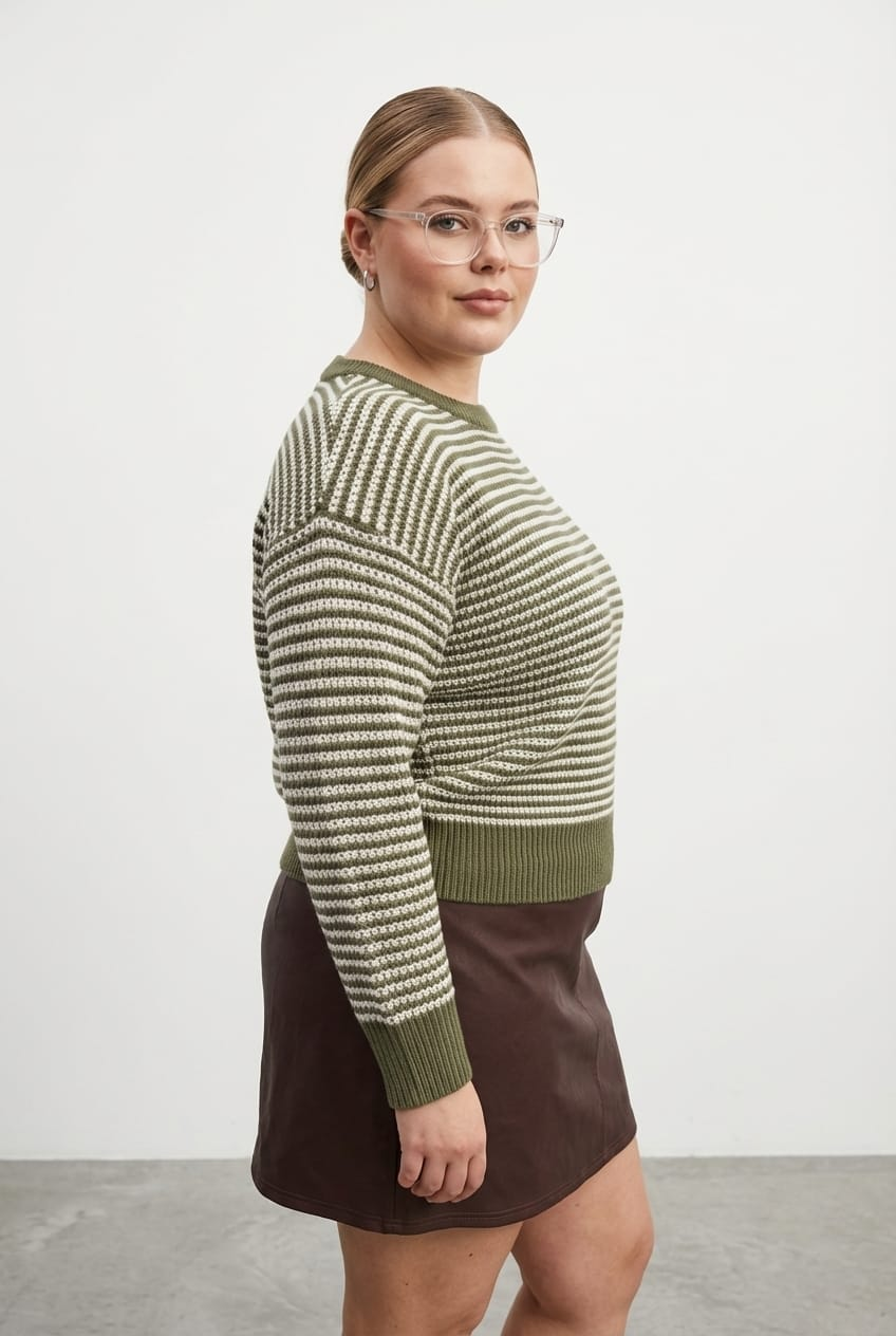 Green Stripe Stripe Knit Top Long Sleeve for YouandAll Fashion