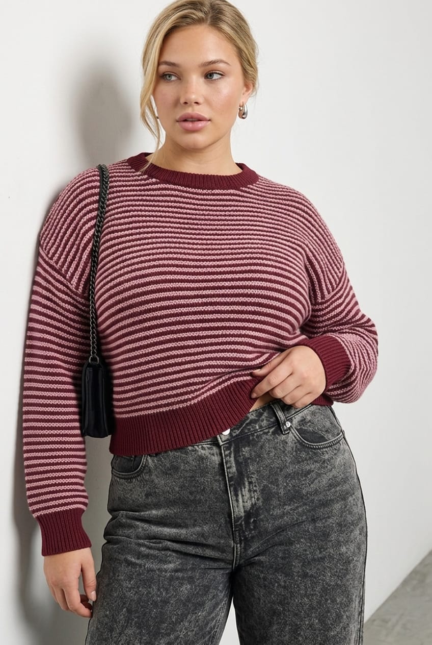 Red Stripe Stripe Knit Top Long Sleeve