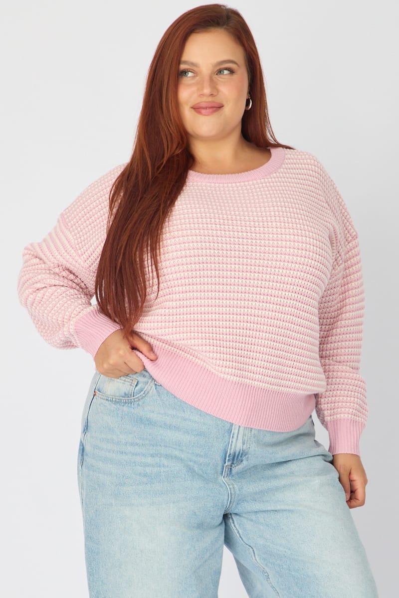 Pink Stripe Stripe Knit Top Long Sleeve for YouandAll Fashion