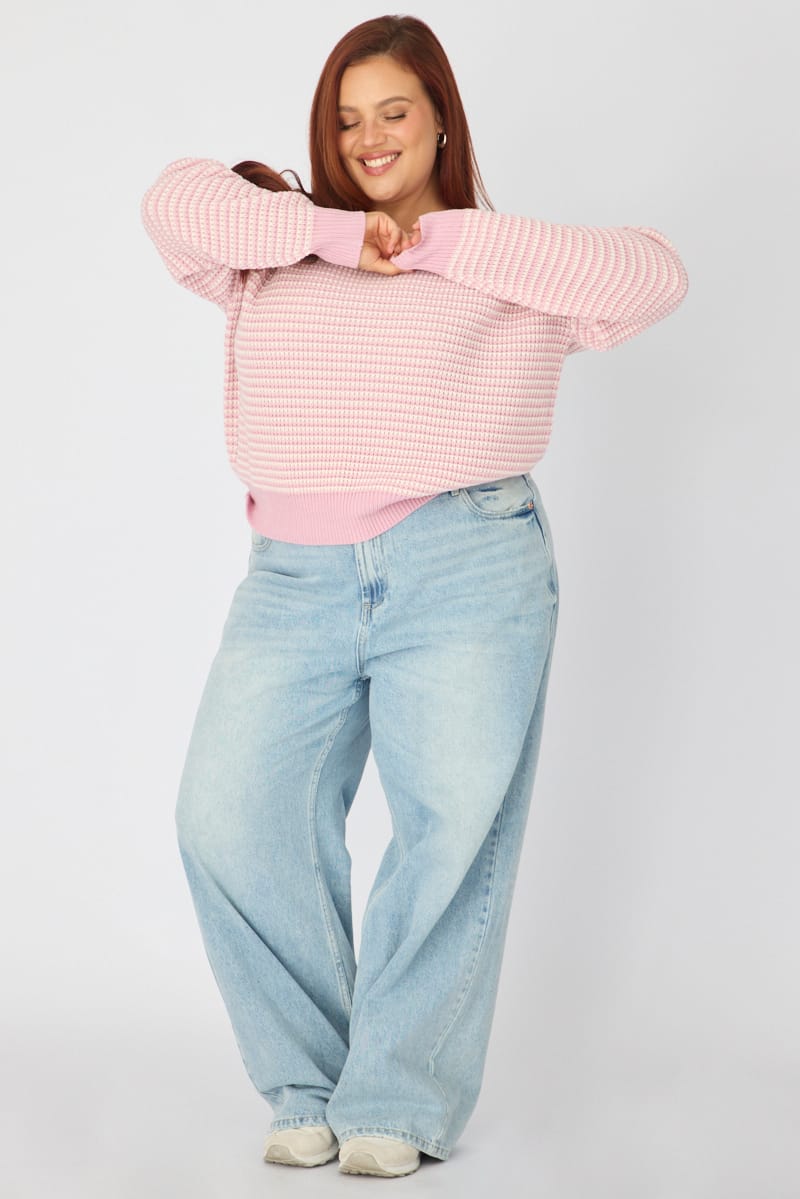 Pink Stripe Stripe Knit Top Long Sleeve for YouandAll Fashion