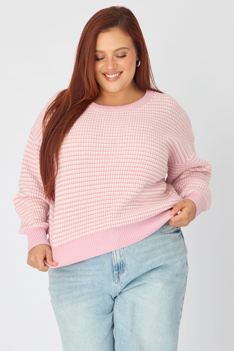 Pink Stripe Stripe Knit Top Long Sleeve for YouandAll Fashion